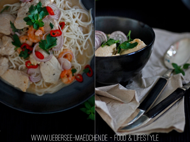 Asiatisches Hähnchen-Curry mit Garnelen und Tamarindenpüree, dazu Mie-Nudeln