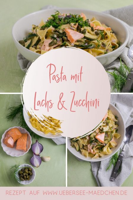 Schnelles Rezept für den Feierabend: Lachsnudeln mal anders mit Zucchini und einer leckeren Mischung aus Kapern und Dill als Topping. 