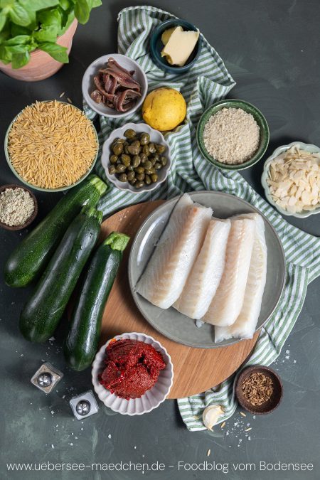 Zutaten für Kabeljau mit Nduja-Kruste auf Zitronen-Reisnudeln mit Zucchini würzig leckeres Rezept